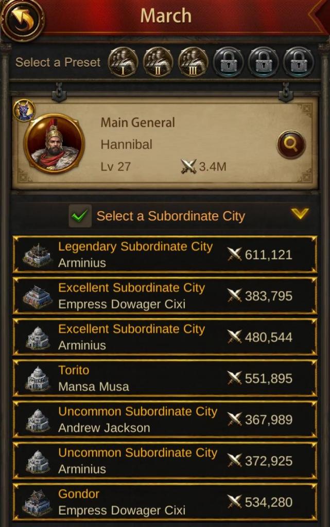 Select Evony Sub Cities for PvP