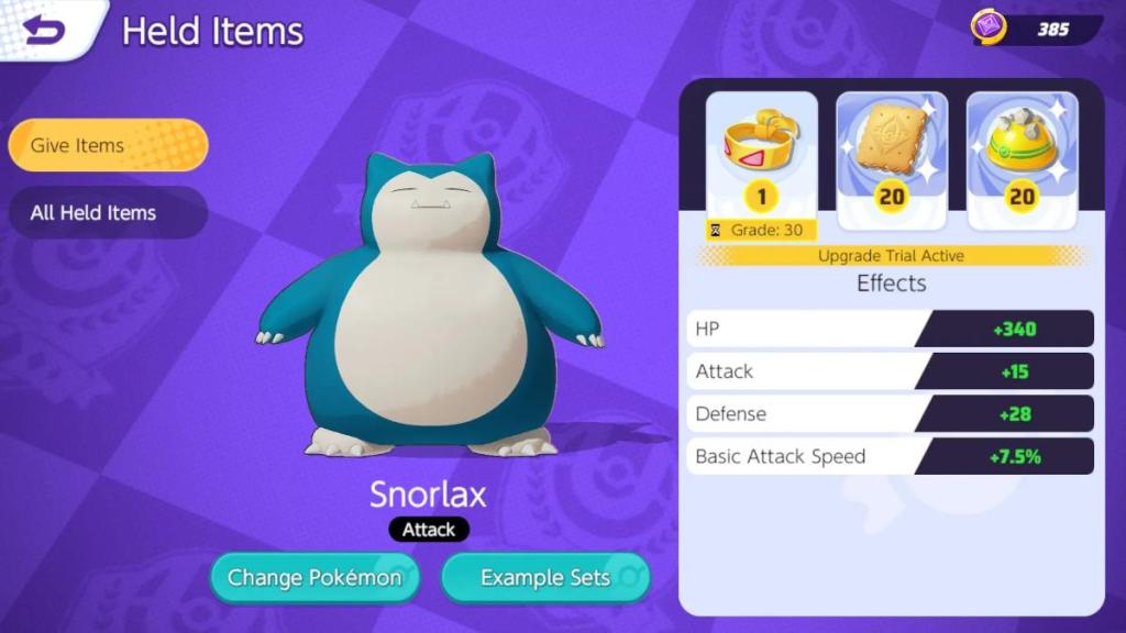 Pokemon Unite Held Item Screen